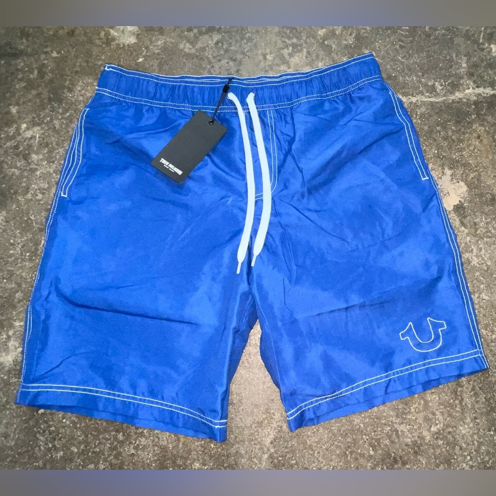 True Religion Men Blue Board Shorts Drawstring Waist Horseshoe Stitching Size  S